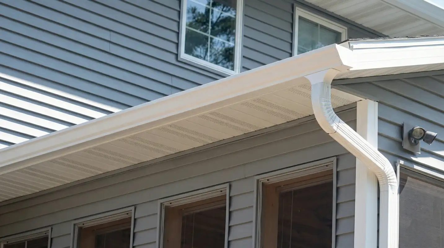 Professional home remodeling project showing newly installed white seamless gutters and downspouts on a house with gray siding in Kansas City, MO