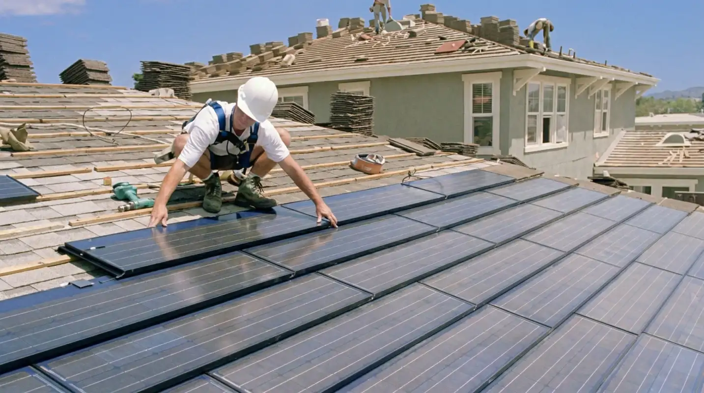 Roof replacement expert installing modern solar shingles on a residential home in Kansas City, MO