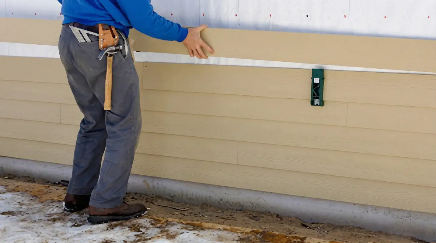 Siding replacement expert carefully aligning a new tan siding panel onto a residential exterior wall in Kansas City, MO