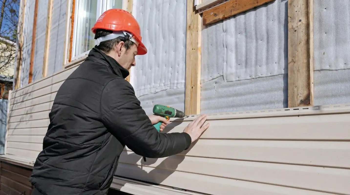 Siding replacement professional using a power drill to install new tan vinyl siding on a home exterior in Kansas City, MO