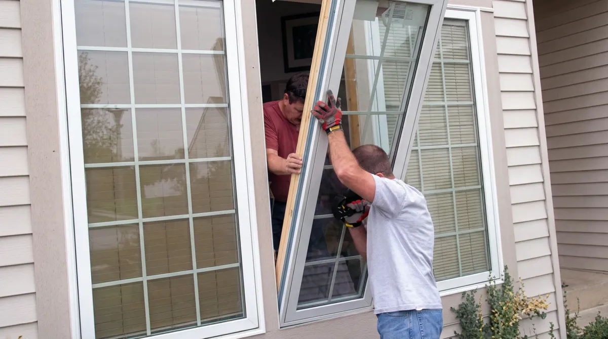 Professional home remodeling team installing a large replacement window on a house with tan siding in Kansas City, MO