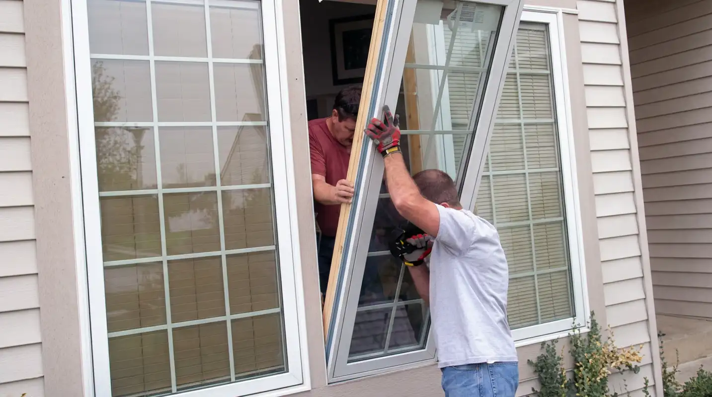Professional home remodeling team installing a large replacement window on a house with tan siding in Kansas City, MO